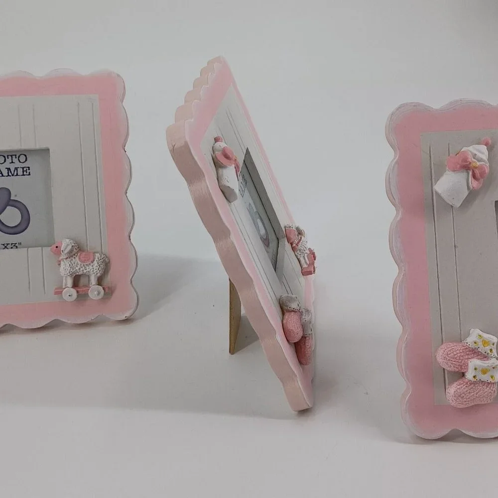 Newborn Baby Girl Photo Frame Gift Pink 3x3 Picture Free Stand Wood 6.5x6.5 Dime - Picture 5 of 12